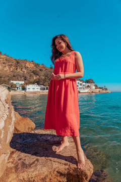 Платье без рукавов с вышивкой и расширенной юбкой летняя MALI 424-032 коралл - фото 5