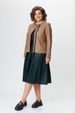 Женский костюм из экокожи жакет и юбка с складками Solomeya Lux 852/952 бежевый+изумруд - фото 3