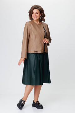 Женский костюм из экокожи жакет и юбка с складками Solomeya Lux 852/952 бежевый+изумруд - фото 1