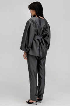 Демисезонный прямой жакет на подкладке с поясом и объемным рукавом JRSy 2502 серый - фото 2