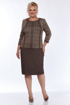 Платье деловое из трикотажного полотна с вырезом LadyThreeStars 2475 клетка+коричневый меланж - фото 1