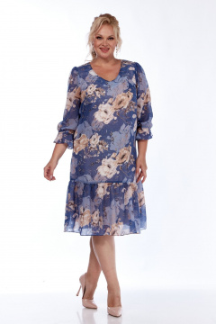 Стильное шифоновое платье с воланами и V-вырезом LadyThreeStars 2477 синий_цветочный_принт - фото 1