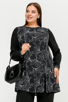 Туника расширенного к низу силуэта с разрезом и рельефами La rouge 9076 черный-(лилии) - фото 1