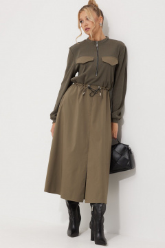 Свободное платье из текстиля с кулисами и карманами AMUAR 1018 хаки - фото 5