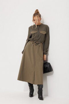 Свободное платье из текстиля с кулисами и карманами AMUAR 1018 хаки - фото 4