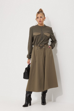 Свободное платье из текстиля с кулисами и карманами AMUAR 1018 хаки - фото 2