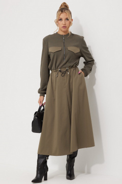Свободное платье из текстиля с кулисами и карманами AMUAR 1018 хаки - фото 1