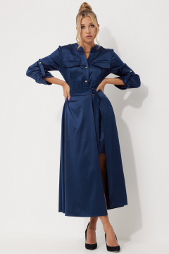 Платье миди из текстильного атласа с накладными карманами AMUARt 1019 синий - фото 5