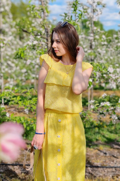 Блуза из хлопка и ришелье с воланами и карманами SMilaLine М-2407 желтый - фото 2