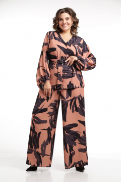 Костюм 2-ка из текстиля: рубашка и брюки палаццо с накладными карманами SMilaLine М-2410 черно-рыжий(принт) - фото 1