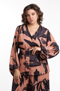 Костюм 2-ка из текстиля: рубашка и брюки палаццо с накладными карманами SMilaLine М-2410 черно-рыжий(принт) - фото 3