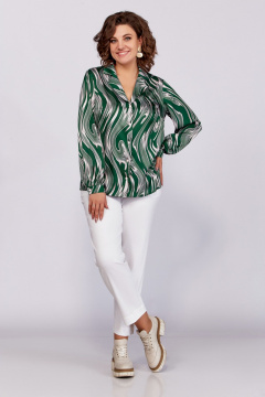 Зеленая блуза из вискозы с воротником пиджачного типа и сборками Swallow 783 зеленый/бежевые_разводы - фото 3