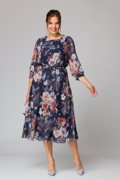 Демисезонное платье из шифона с по косой юбкой и поясом Slaviaelit 534-1 синий+пудра_цветы - фото 1