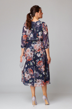 Демисезонное платье из шифона с по косой юбкой и поясом Slaviaelit 534-1 синий+пудра_цветы - фото 4