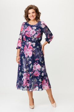 Платье из шифона с рукавом 3/4 и по косой юбкой Slaviaelit 534-1 синий+розовые_цветы - фото 1