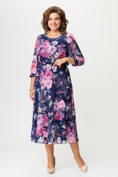 Платье из шифона с рукавом 3/4 и по косой юбкой Slaviaelit 534-1 синий+розовые_цветы - фото 4