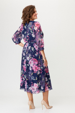 Платье из шифона с рукавом 3/4 и по косой юбкой Slaviaelit 534-1 синий+розовые_цветы - фото 5