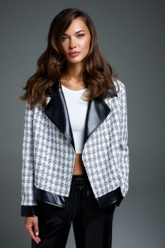 Жакет укороченный двубортный из текстиля и экокожи DILIA 0901 мультидизайн - фото 1