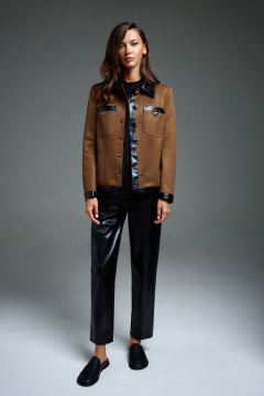 Жакет прямого силуэта из текстиля с экокожей и воротником пиджачного типа DILIA 0906 коричневый - фото 1