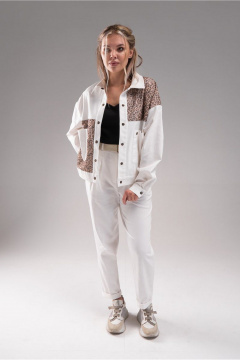 Джинсовая куртка молочная с леопардовыми отделками AVEEVA 5471 молочный - фото 1