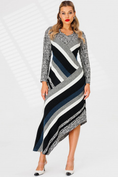 Многоцветное полосатое платье с кокеткой и воланами Мода Юрс 2867 черно-белый - фото 1