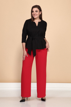 Деловой комплект блуза и облегающие брюки из текстиля Klever 376/275 красный/черный - фото 2