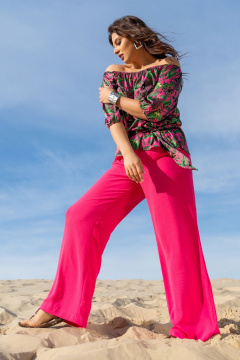 Розовый комплект из блузы с эластичной горловиной и брюк с карманами Andina 954 фуксия - фото 4