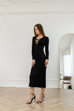 Модное длинное черное платье облегающее с шлицей и шнуровкой Atelero 1115 черный - фото 5