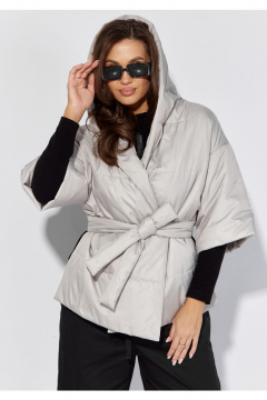 Демисезонная куртка с капюшоном и поясом на запах TAiER 1304 светло-серый - фото 4
