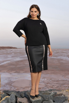 Черный костюм юбочный из плотного трикотажа с эко-кожей Andina 960 черный - фото 4