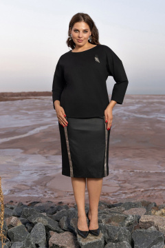 Черный костюм юбочный из плотного трикотажа с эко-кожей Andina 960 черный - фото 1