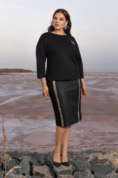 Черный костюм юбочный из плотного трикотажа с эко-кожей Andina 960 черный - фото 3