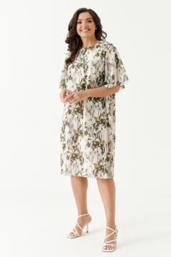 Платье прямое из смесовой ткани с поясом и рукавом чуть выше локтя Панда 202180w бежево-зеленый - фото 1