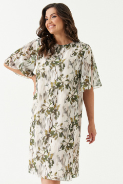 Платье прямое из смесовой ткани с поясом и рукавом чуть выше локтя Панда 202180w бежево-зеленый - фото 2