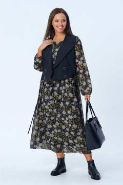 Стильный комплект из блузона и палаццо с декоративными разрезами Liona Style 813 черный_белые_цветы - фото 1