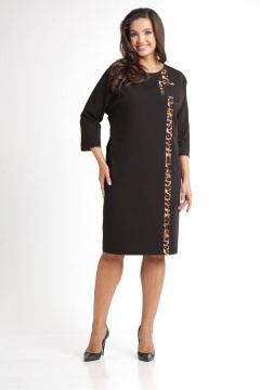 Комфортное повседневное платье с короткими рукавами и вставками из отделочной ткани LadisLine 1525 черный-лео - фото 4