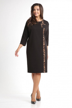 Комфортное повседневное платье с короткими рукавами и вставками из отделочной ткани LadisLine 1525 черный-лео - фото 3