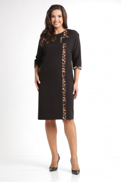 Комфортное повседневное платье с короткими рукавами и вставками из отделочной ткани LadisLine 1525 черный-лео - фото 1