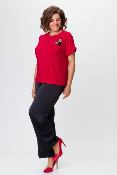 Комплект брюки и топ из креп-вельвет с брошь-бабочкой Solomeya Lux 967 черный+красный - фото 5