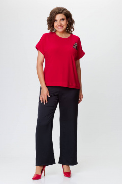 Комплект брюки и топ из креп-вельвет с брошь-бабочкой Solomeya Lux 967 черный+красный - фото 4