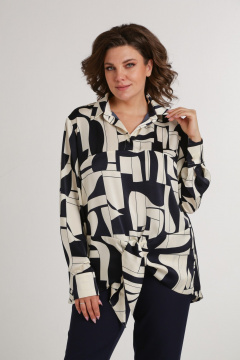 Демисезонная сатиновая блуза с завязками и воротником на стойке AMORI 6427 молочно-синий - фото 1