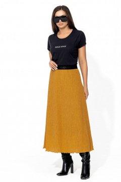 Юбка трапеция макси с поясом из эластичной жатки для повседневных образов Gold Style 2667 горчица - фото 4