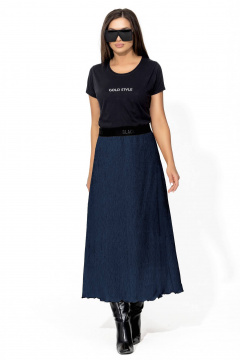 Юбка трапеция средней длинны из жатки с резинкой для женщин Gold Style 2667 темно-синий - фото 4