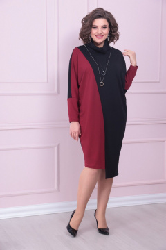Платье свободного кроя из вискозы и трикотажа с воротом хомут LadisLine 1519 вишня+черный - фото 2