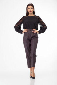 Брюки из экокожи с складками и накладными карманами Anelli 903 коричневый - фото 1