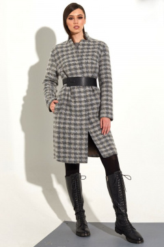 Демисезонное пальто с геометричным рисунком и съемным поясом Golden Valley 7107 серая_клетка - фото 1