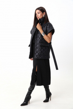 Тёплый стеганый жилет из объемной ткани с поясом LM М14 черный - фото 2
