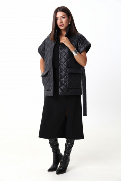 Тёплый стеганый жилет из объемной ткани с поясом LM М14 черный - фото 1