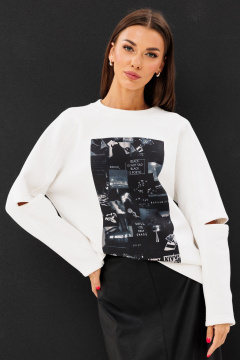 Молочный свитшот свободного силуэта с разрезами Kivviwear 4223.05 - фото 1