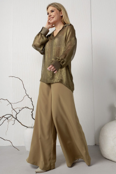 Широкие струящиеся брюки с кокеткой из текстиля AMORI 5202 горчица - фото 5